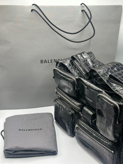 Balenciaga Black Croc Embossed Big Superbusy Sling Bag