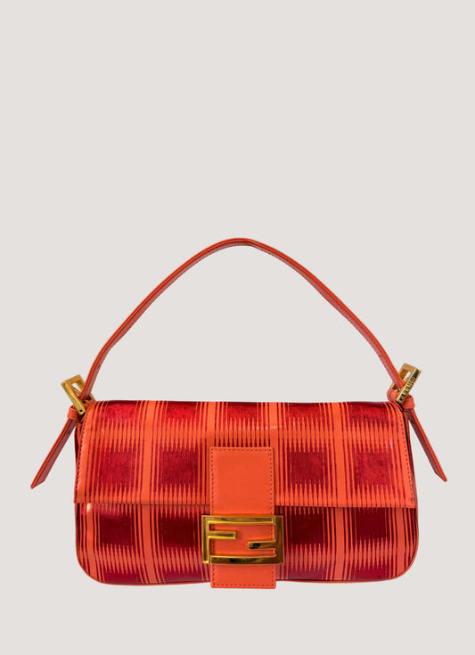 Fendi Baguette Orange Patent Leather Striped Gold Hardware