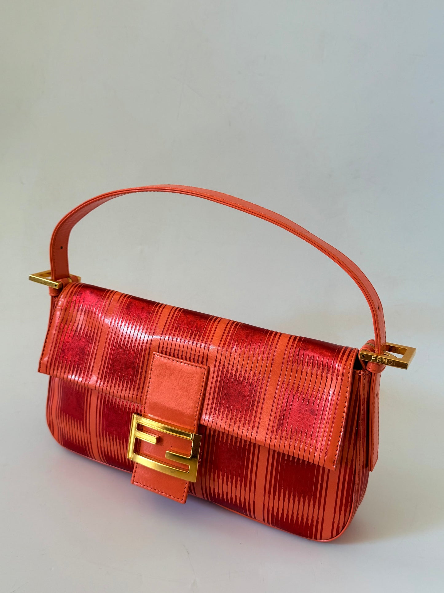 Fendi Baguette Orange Patent Leather Striped Gold Hardware