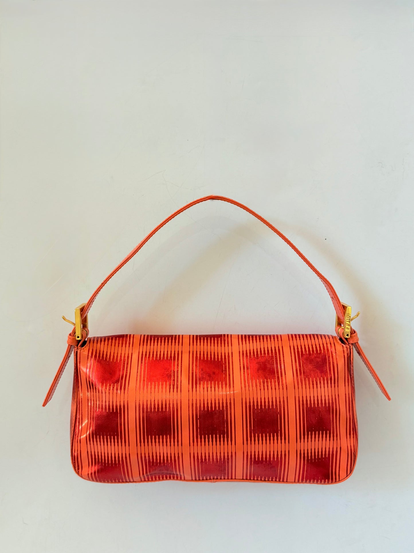 Fendi Baguette Orange Patent Leather Striped Gold Hardware