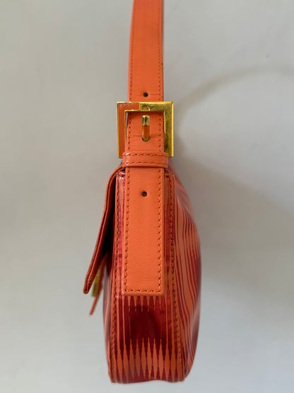 Fendi Baguette Orange Patent Leather Striped Gold Hardware