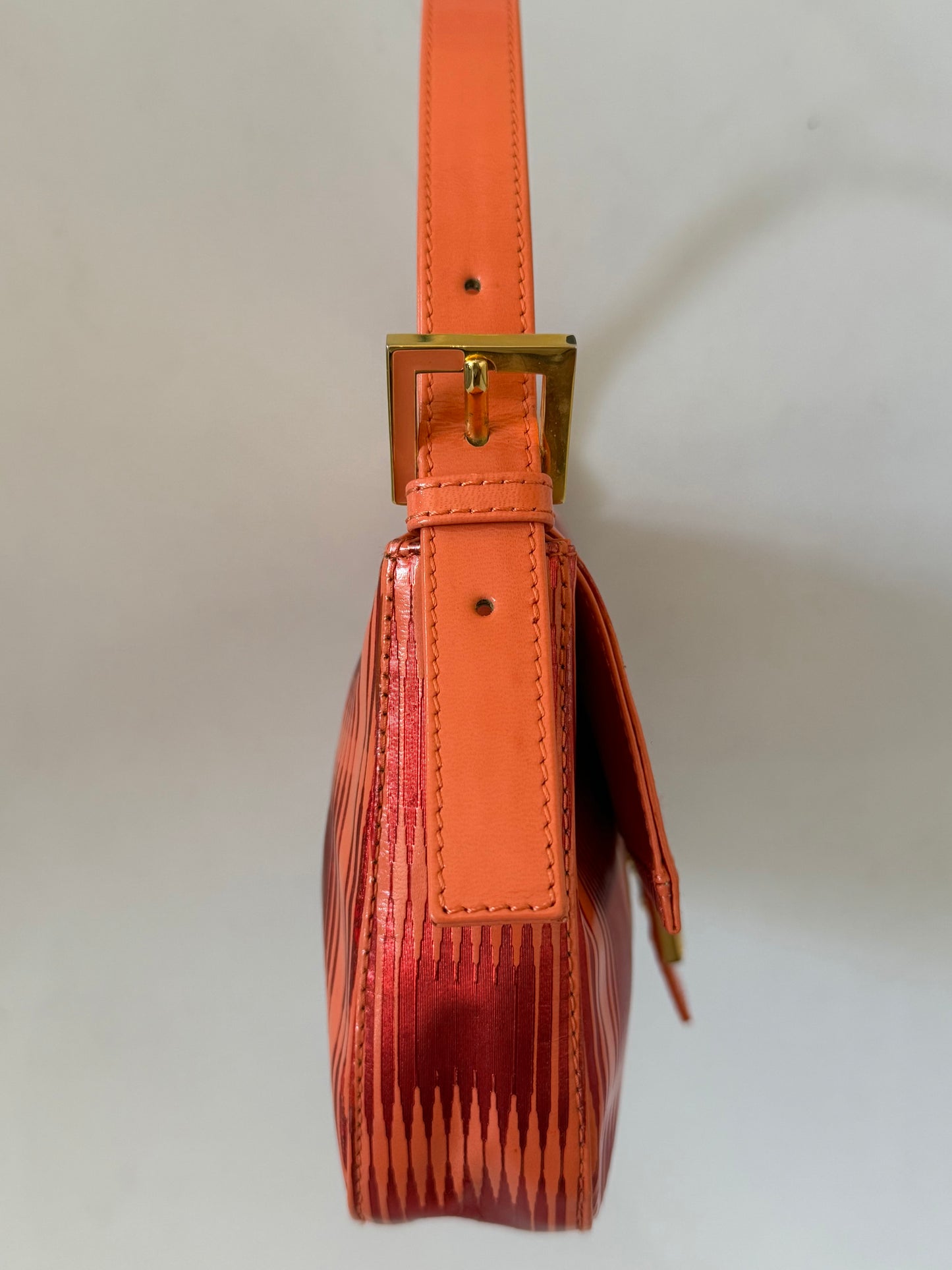 Fendi Baguette Orange Patent Leather Striped Gold Hardware