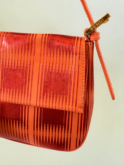 Fendi Baguette Orange Patent Leather Striped Gold Hardware