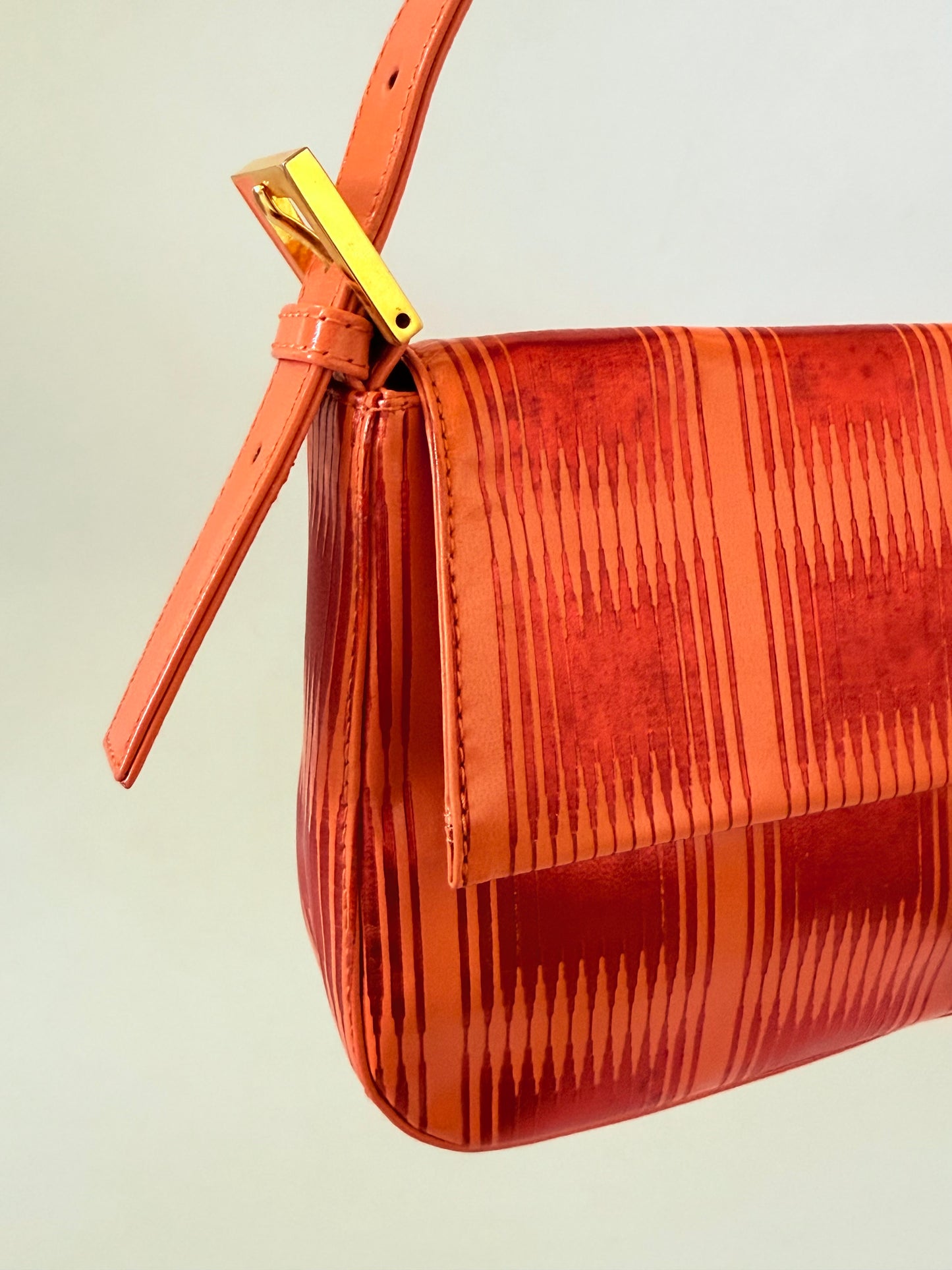 Fendi Baguette Orange Patent Leather Striped Gold Hardware