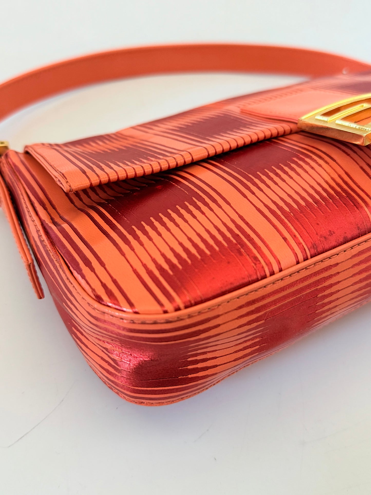 Fendi Baguette Orange Patent Leather Striped Gold Hardware