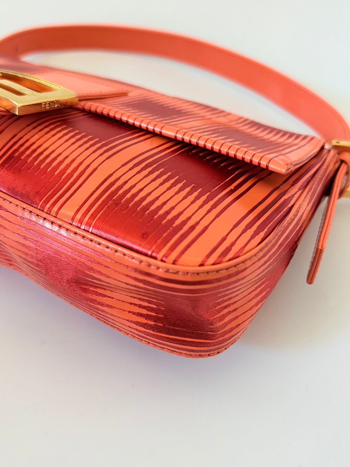 Fendi Baguette Orange Patent Leather Striped Gold Hardware