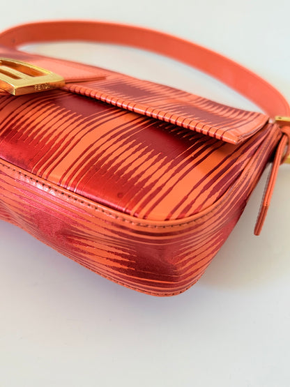 Fendi Baguette Orange Patent Leather Striped Gold Hardware