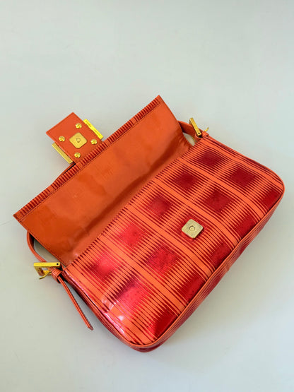 Fendi Baguette Orange Patent Leather Striped Gold Hardware