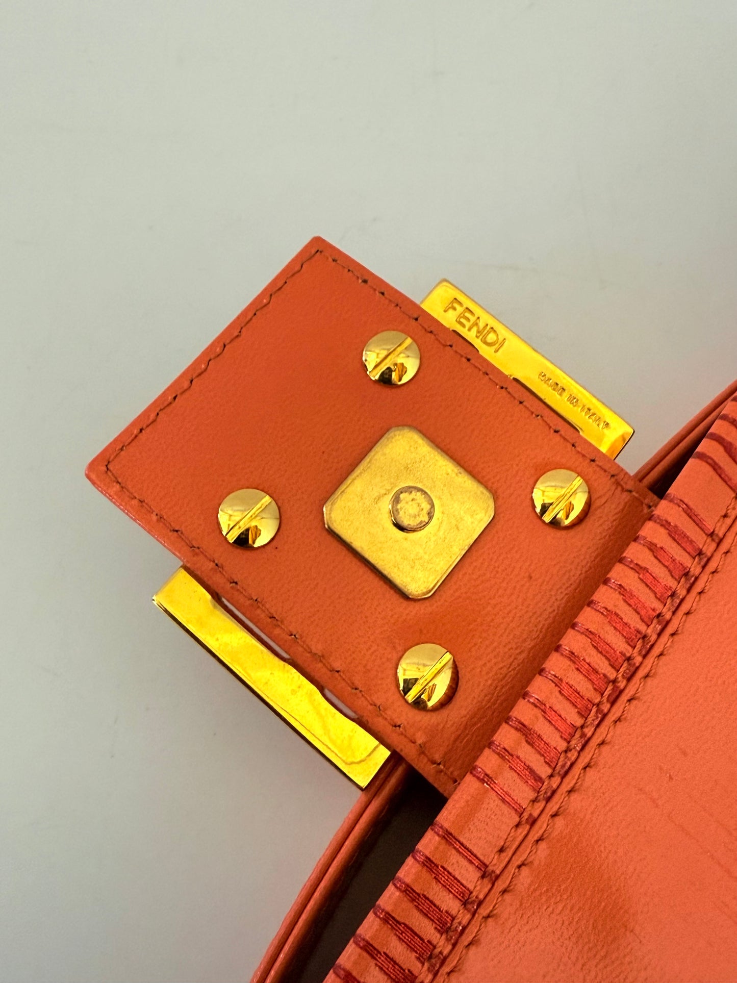 Fendi Baguette Orange Patent Leather Striped Gold Hardware