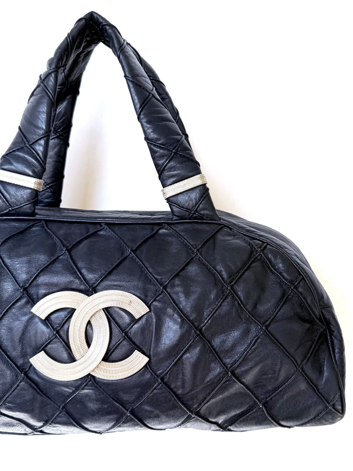 Vintage Chanel Navy Blue CC Silver Bowler Bag