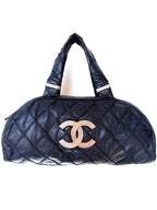 Vintage Chanel Navy Blue CC Silver Bowler Bag