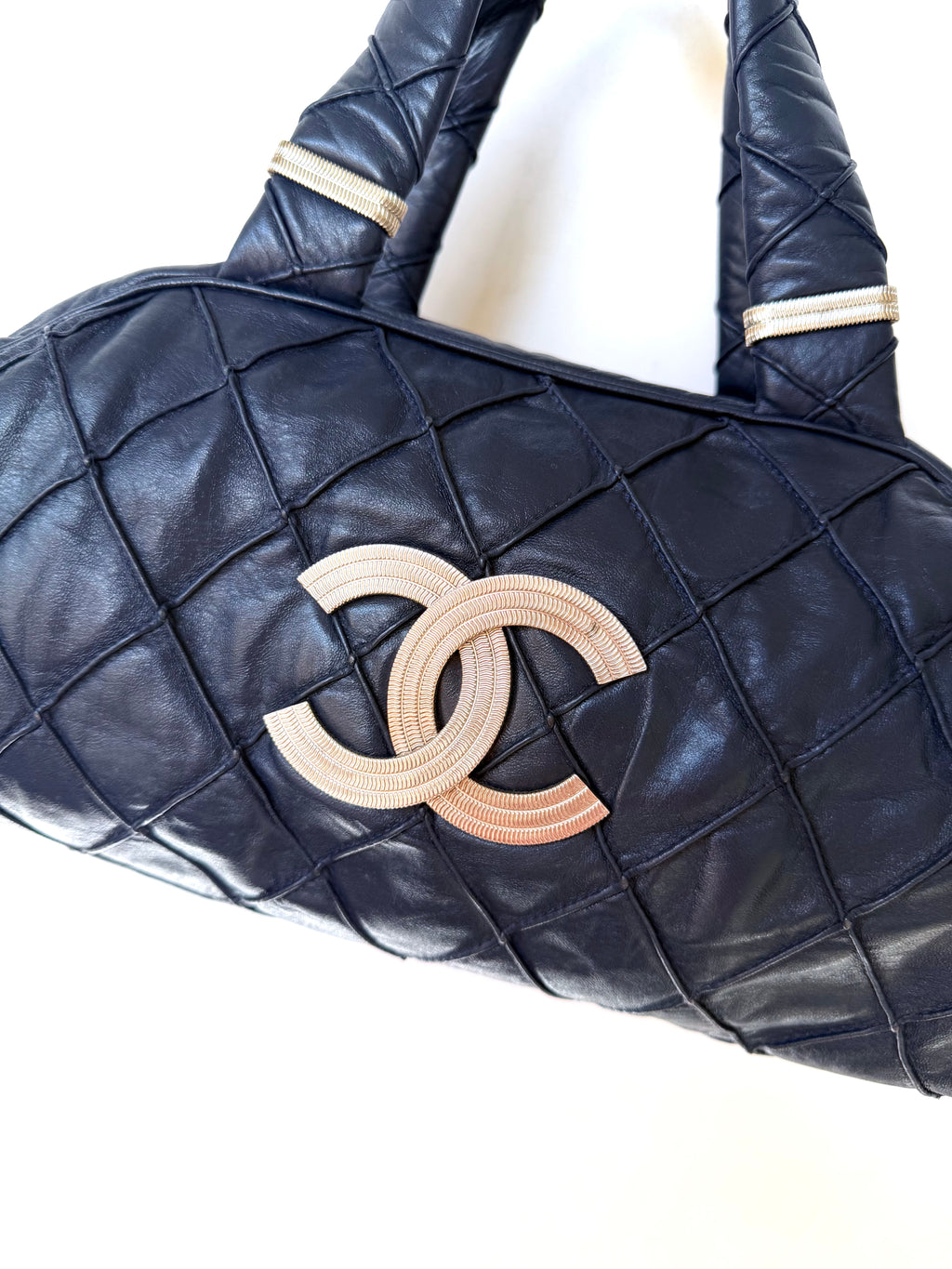 Vintage Chanel Navy Blue CC Silver Bowler Bag