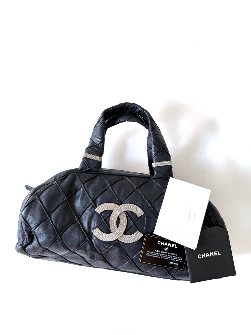 Vintage Chanel Navy Blue CC Silver Bowler Bag