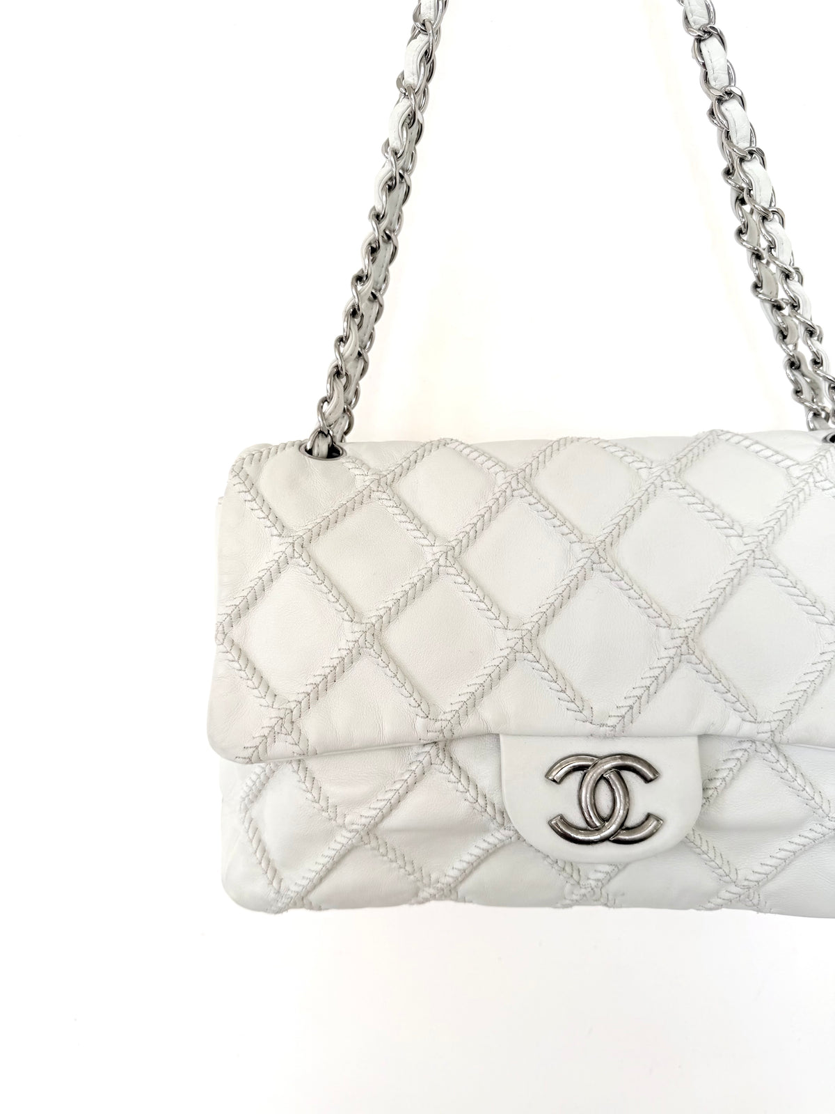 Chanel White Quilted Wild Stitch Single Flap Bag