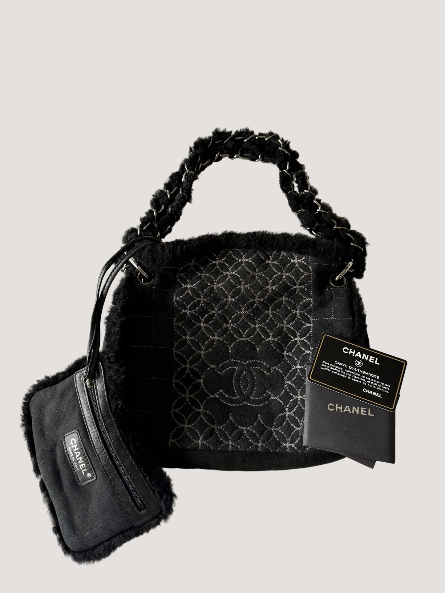 Vintage Chanel Black Suede & Shearling CC Tote Bag