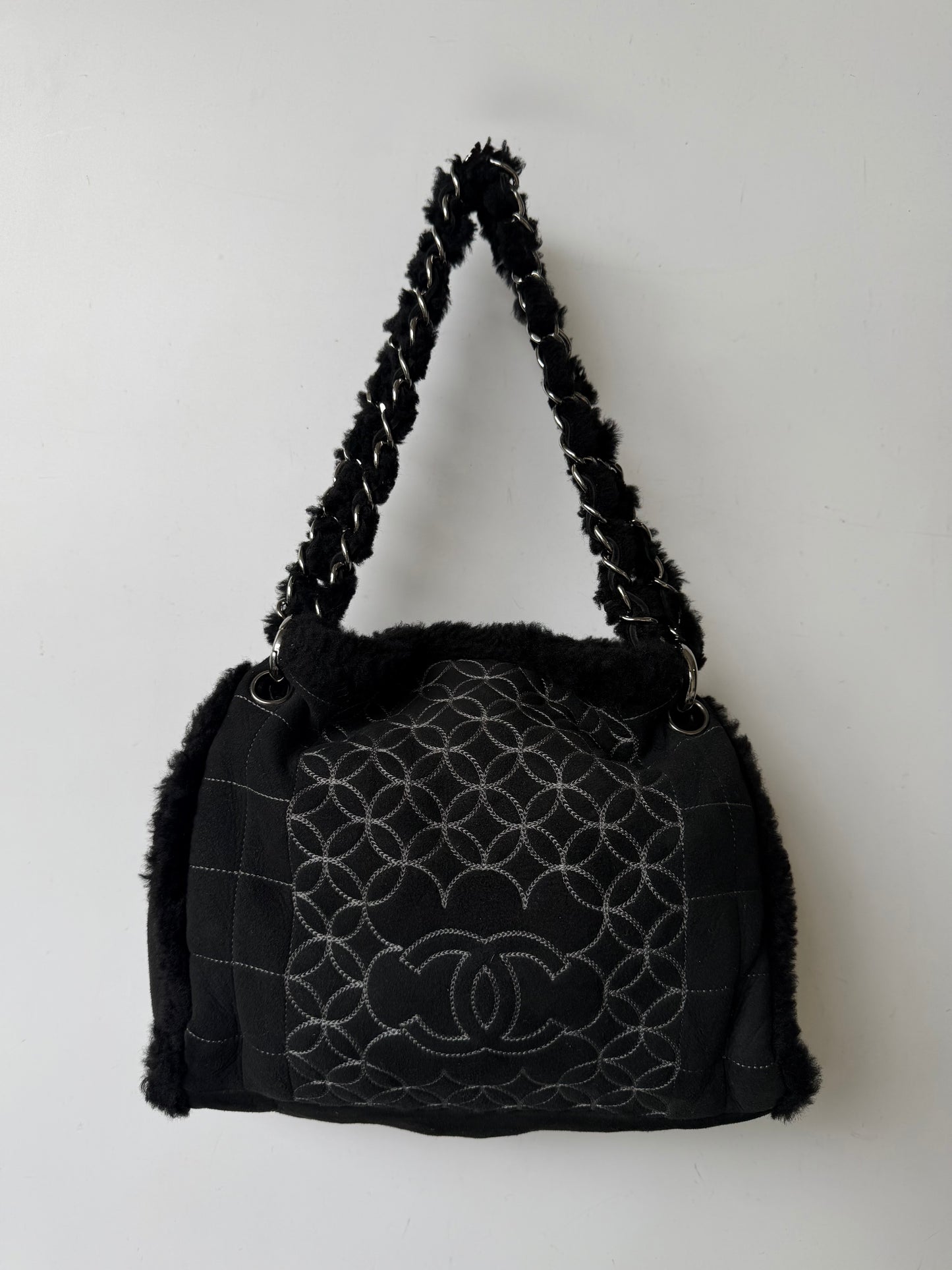 Vintage Chanel Black Suede & Shearling CC Tote Bag