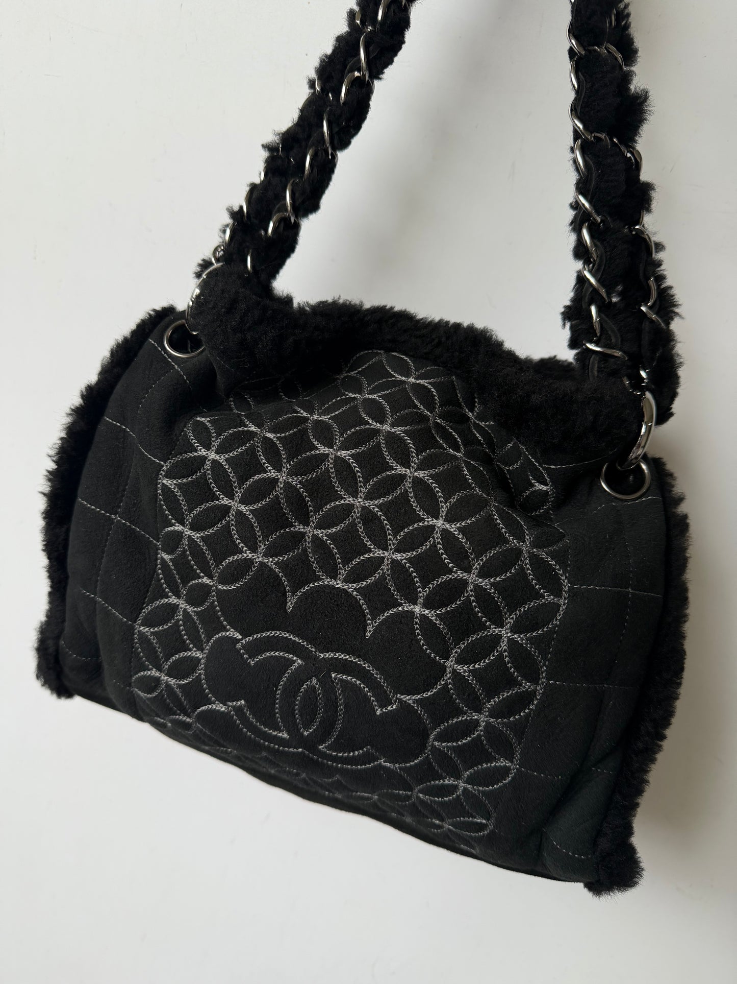 Vintage Chanel Black Suede & Shearling CC Tote Bag