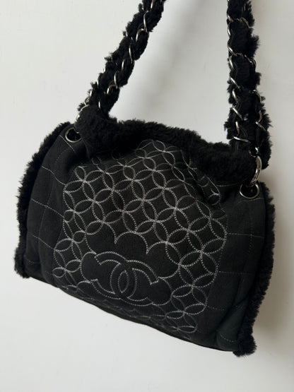 Vintage Chanel Black Suede & Shearling CC Tote Bag