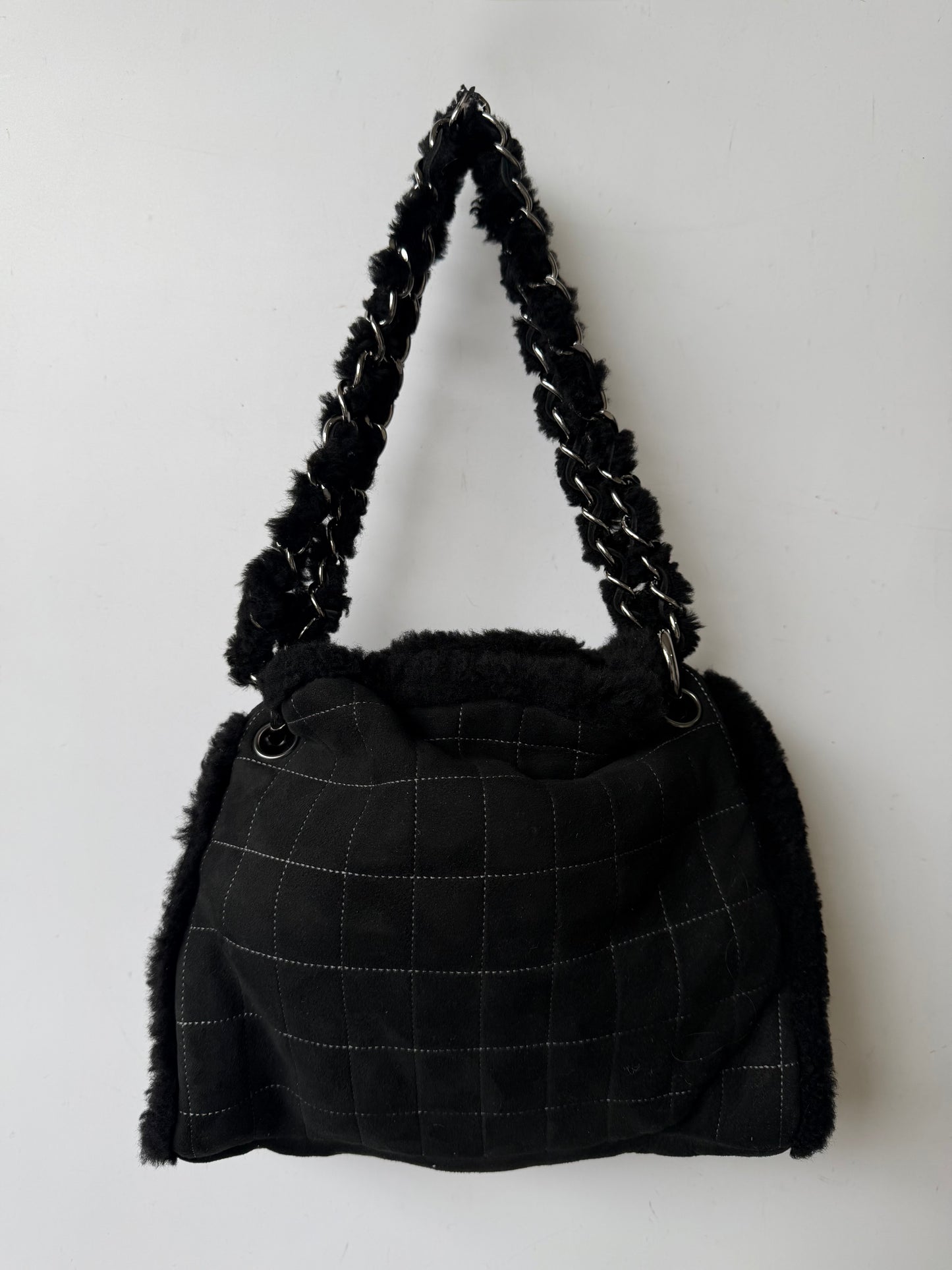 Vintage Chanel Black Suede & Shearling CC Tote Bag