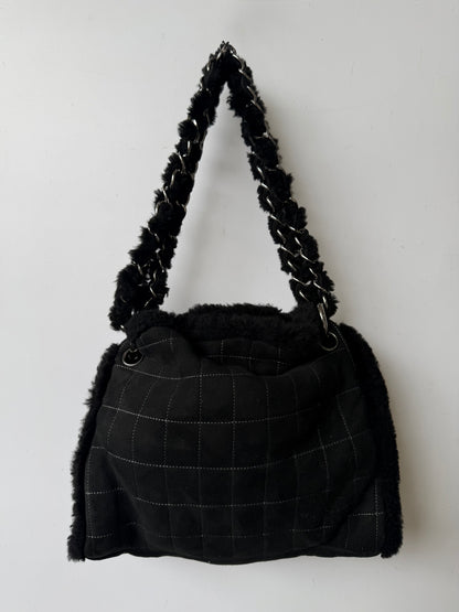 Vintage Chanel Black Suede & Shearling CC Tote Bag