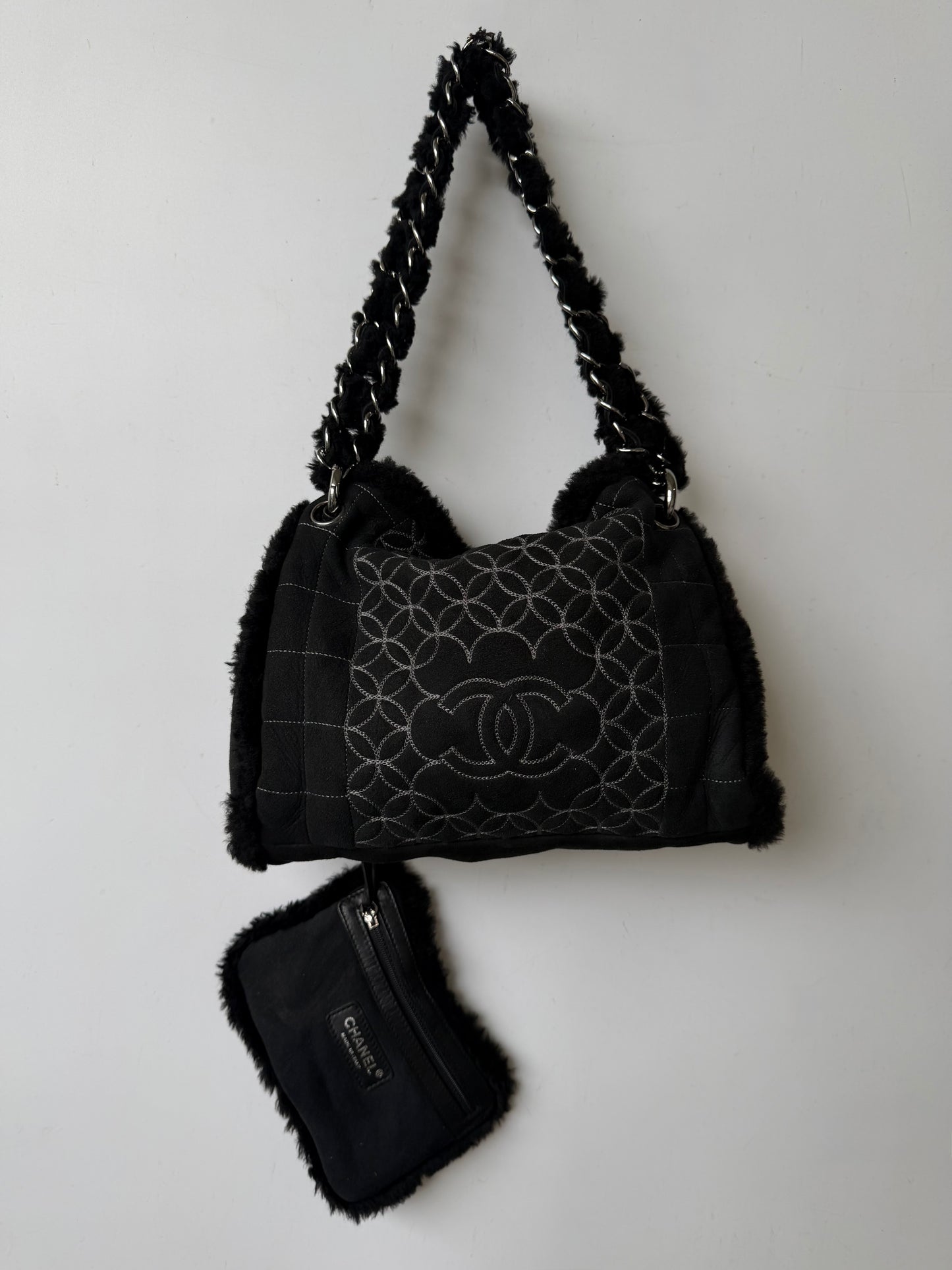Vintage Chanel Black Suede & Shearling CC Tote Bag