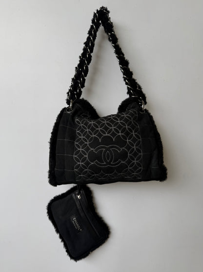 Vintage Chanel Black Suede & Shearling CC Tote Bag