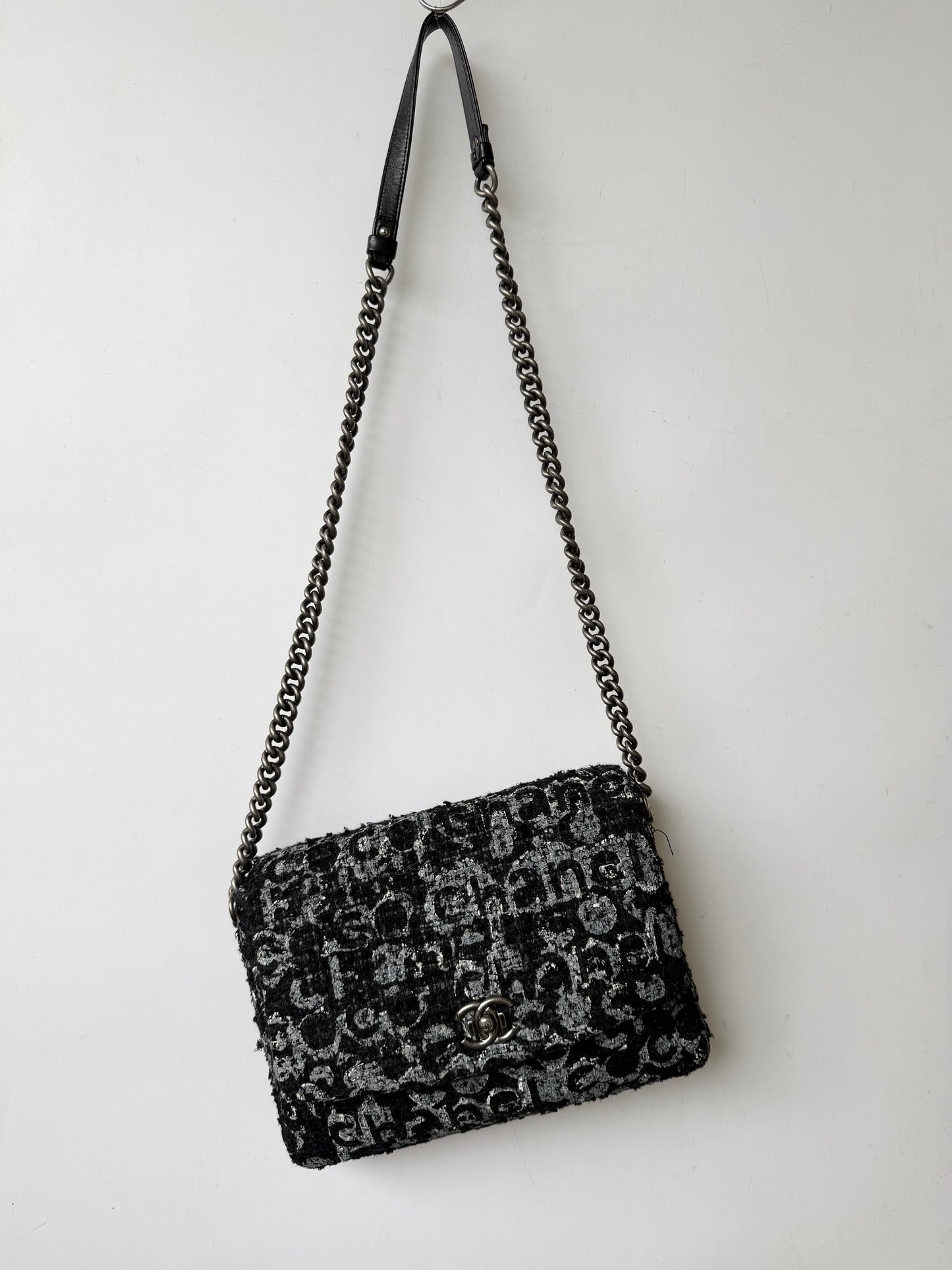 2015 Chanel Black Painted Logo Tweed Westminster Flap Bag