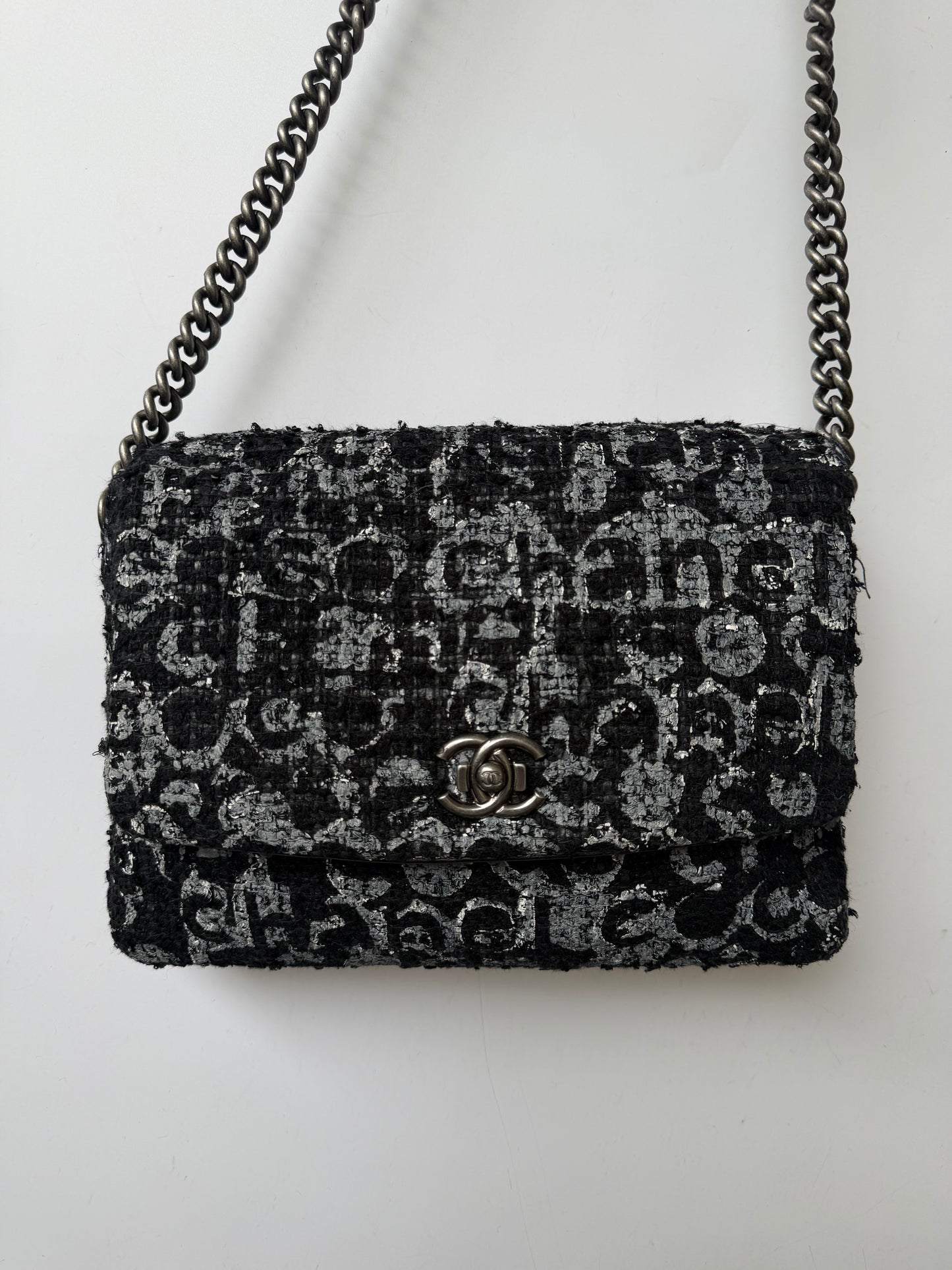 2015 Chanel Black Painted Logo Tweed Westminster Flap Bag