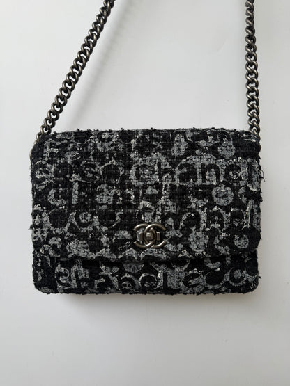 2015 Chanel Black Painted Logo Tweed Westminster Flap Bag