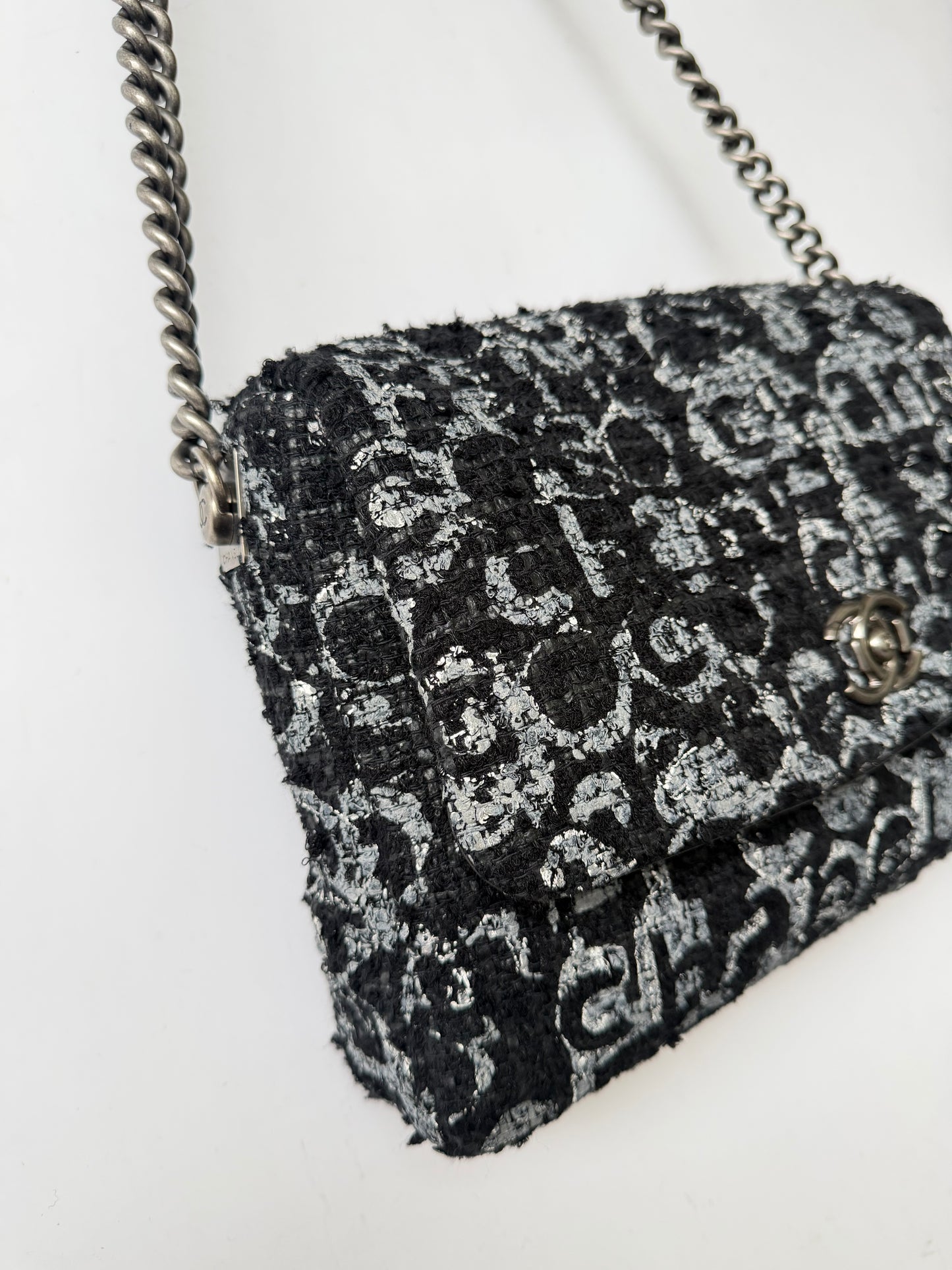 2015 Chanel Black Painted Logo Tweed Westminster Flap Bag