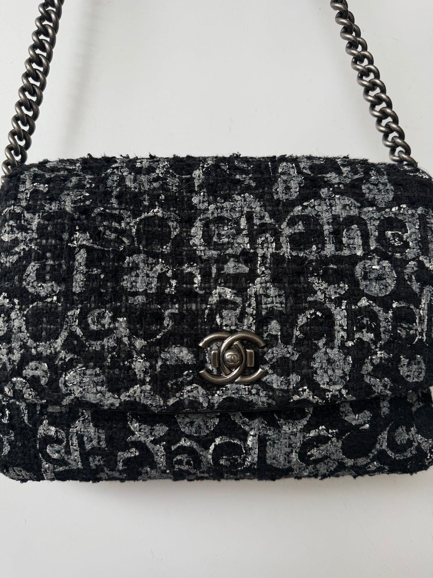 2015 Chanel Black Painted Logo Tweed Westminster Flap Bag