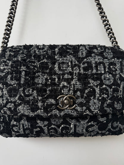 2015 Chanel Black Painted Logo Tweed Westminster Flap Bag