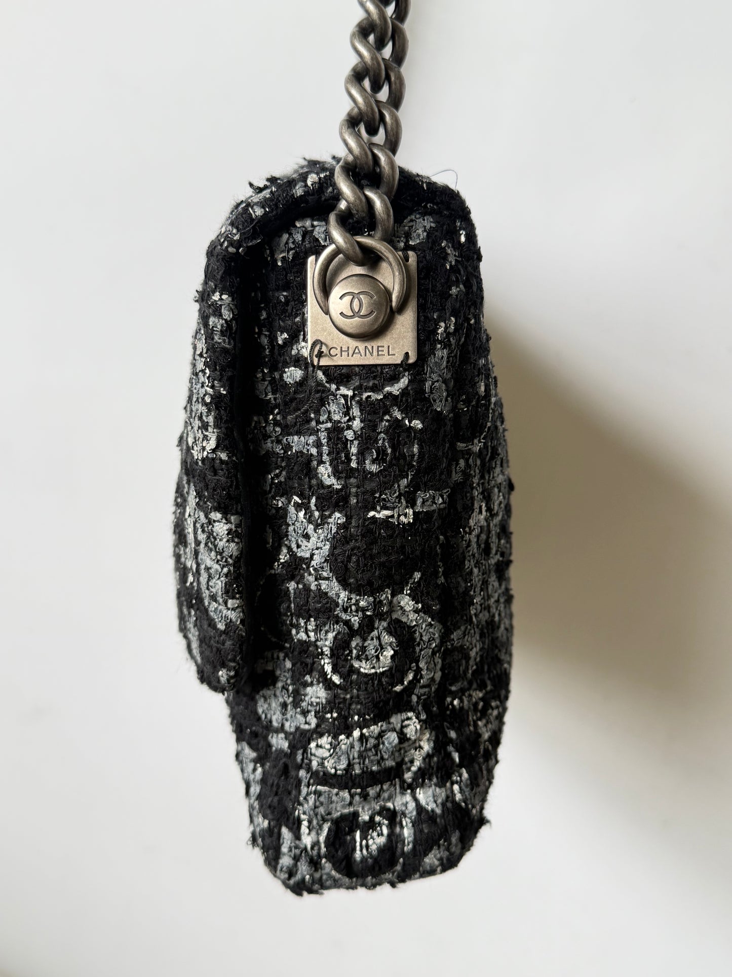 2015 Chanel Black Painted Logo Tweed Westminster Flap Bag