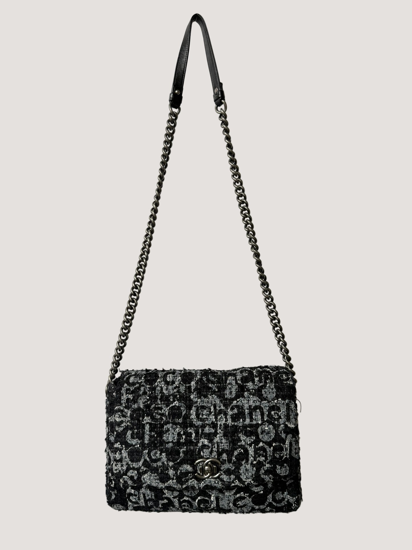 2015 Chanel Black Painted Logo Tweed Westminster Flap Bag