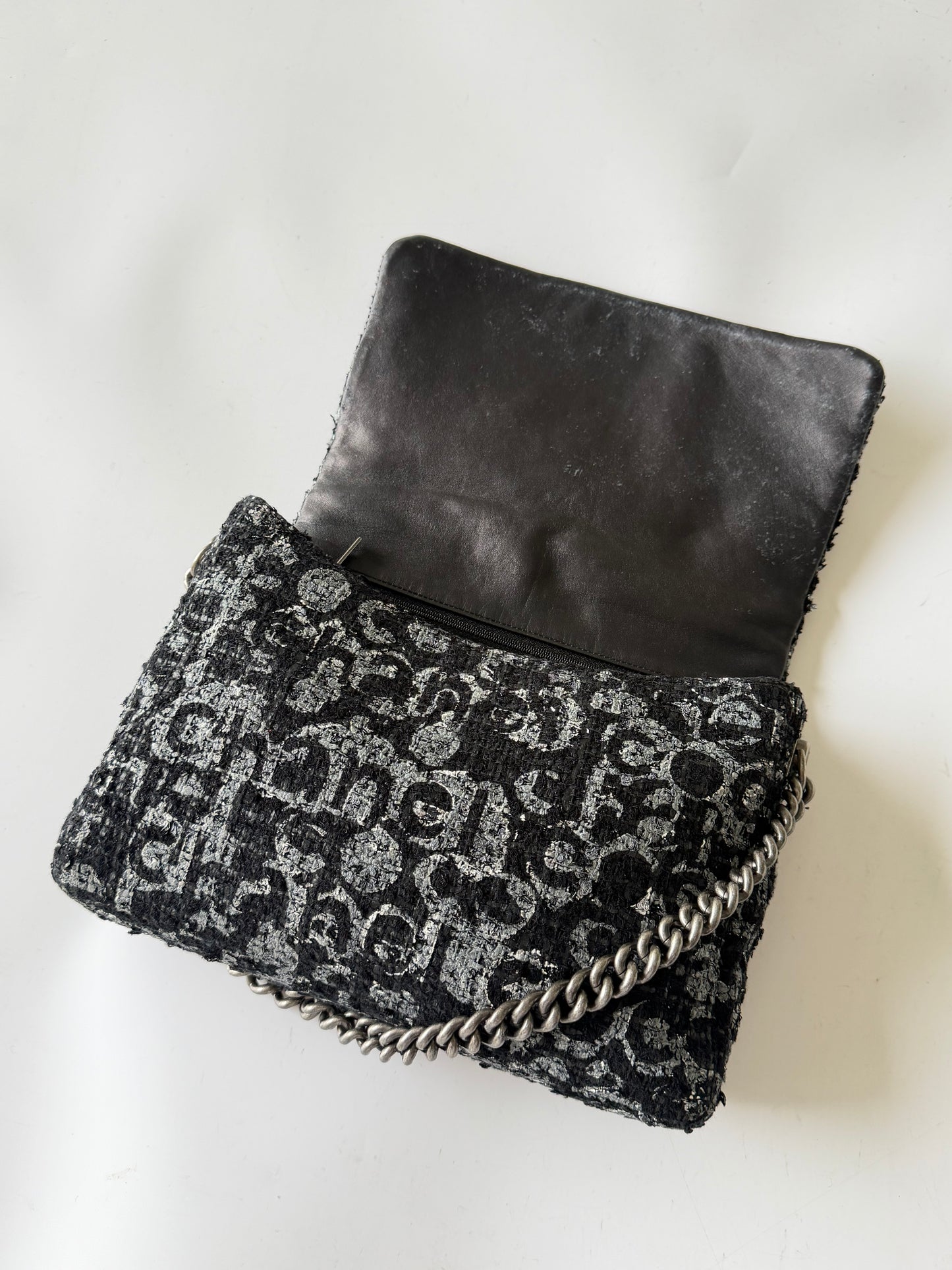 2015 Chanel Black Painted Logo Tweed Westminster Flap Bag