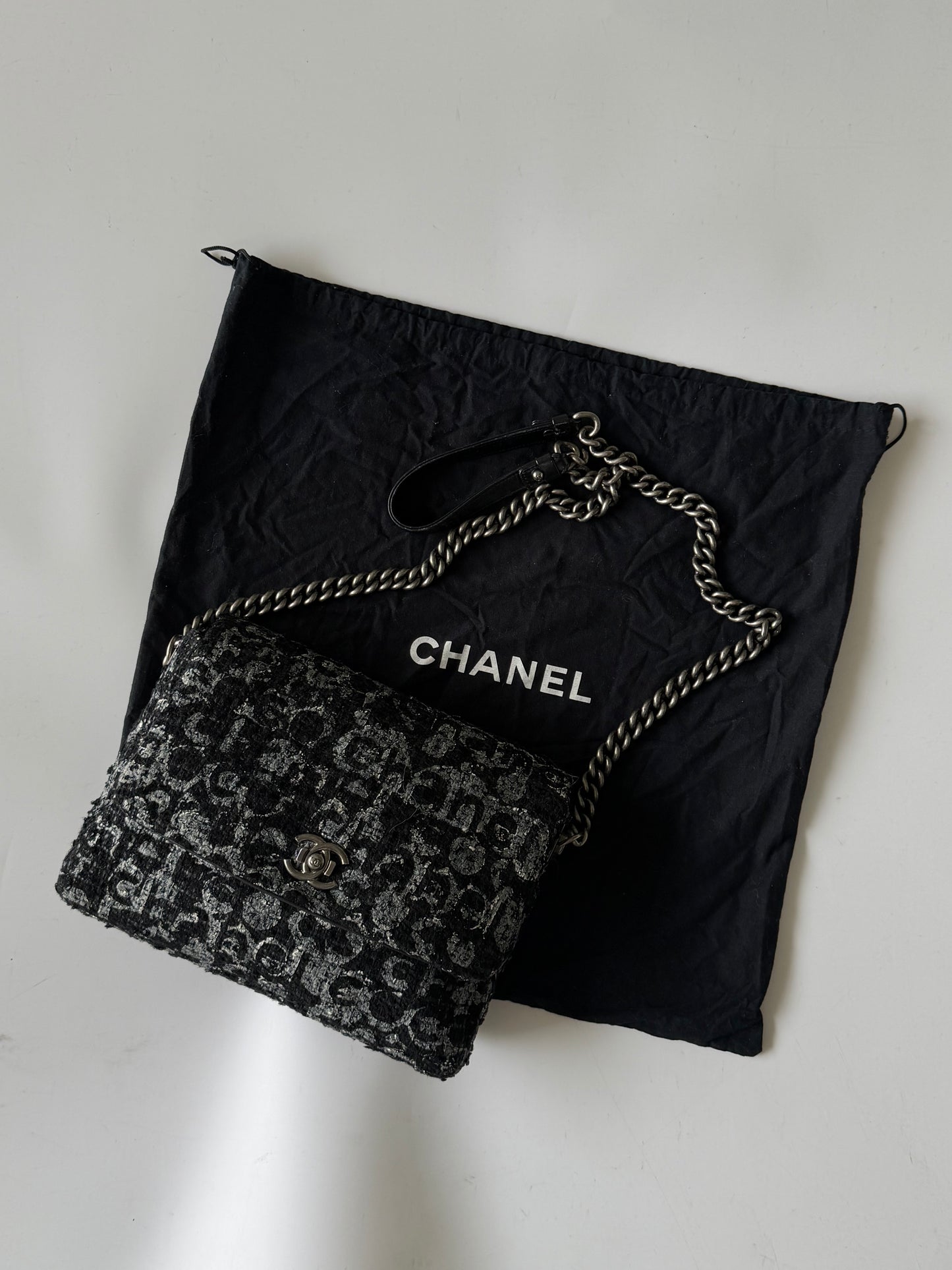 2015 Chanel Black Painted Logo Tweed Westminster Flap Bag
