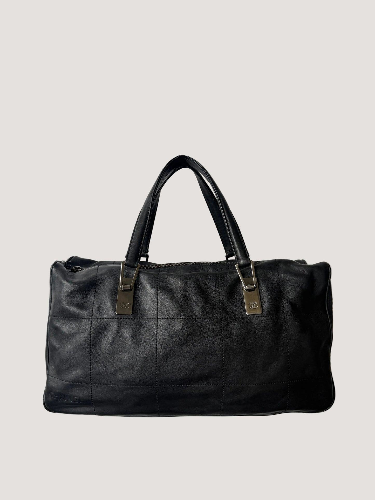 Vintage Chanel Black Lambskin Chocolate Bar Boston Bag