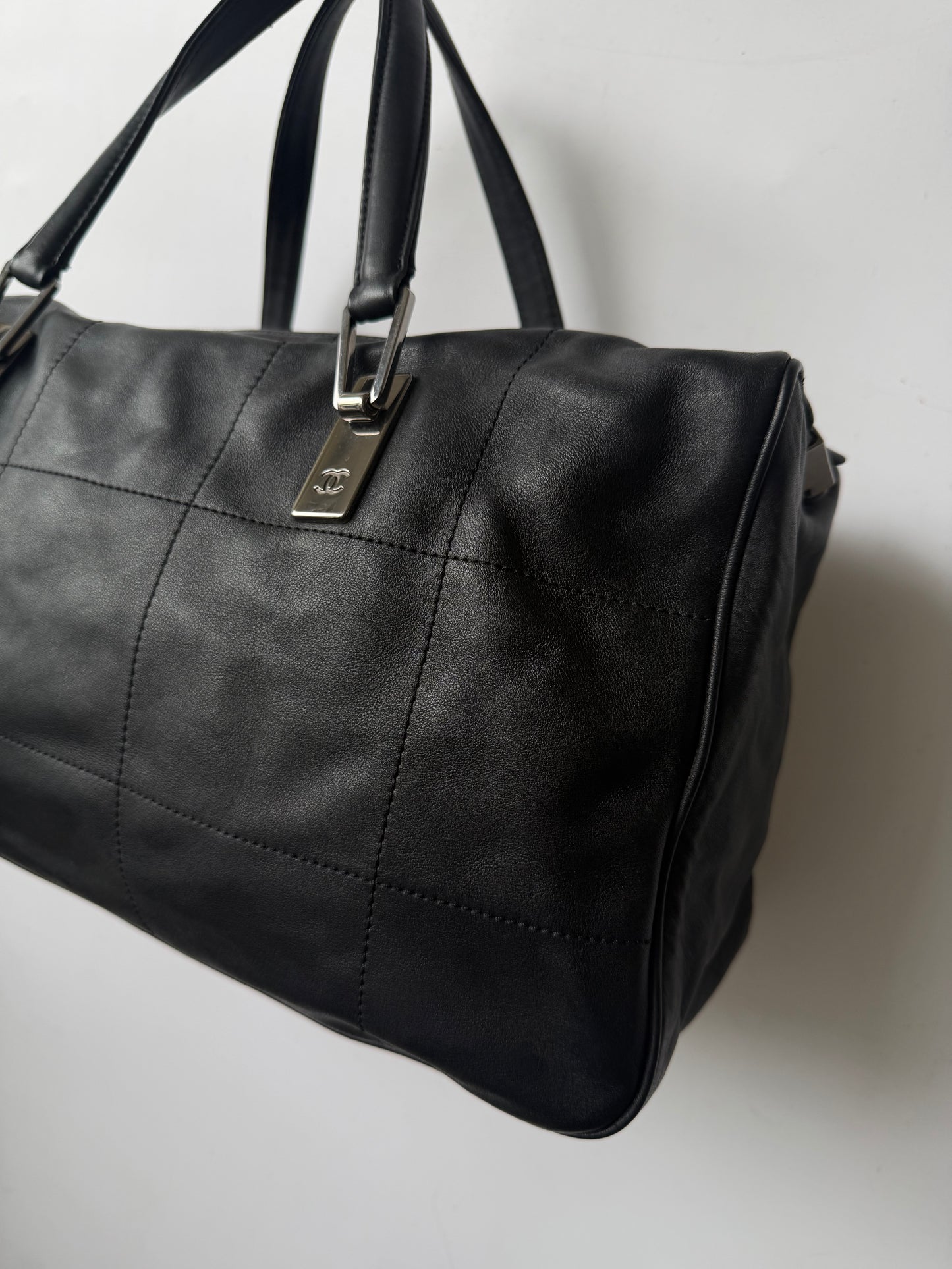 Vintage Chanel Black Lambskin Chocolate Bar Boston Bag