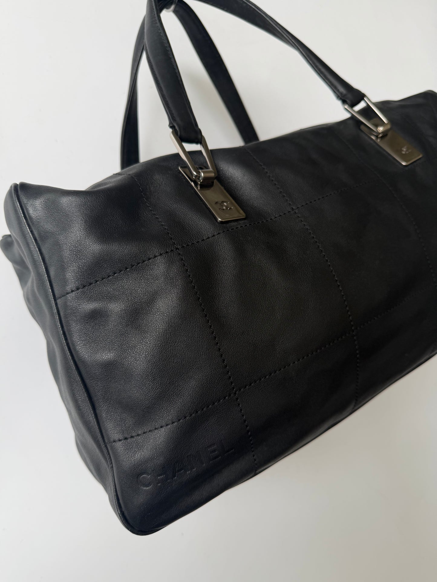 Vintage Chanel Black Lambskin Chocolate Bar Boston Bag