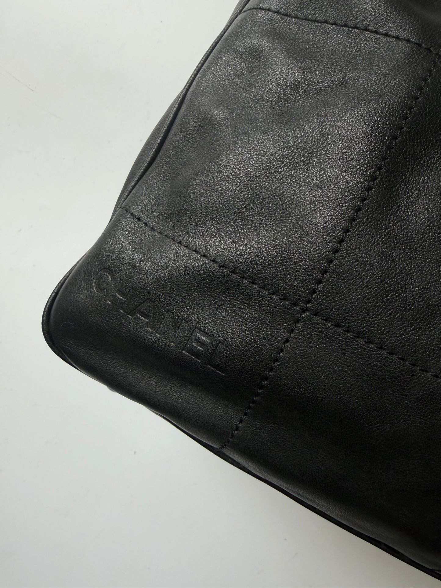 Vintage Chanel Black Lambskin Chocolate Bar Boston Bag