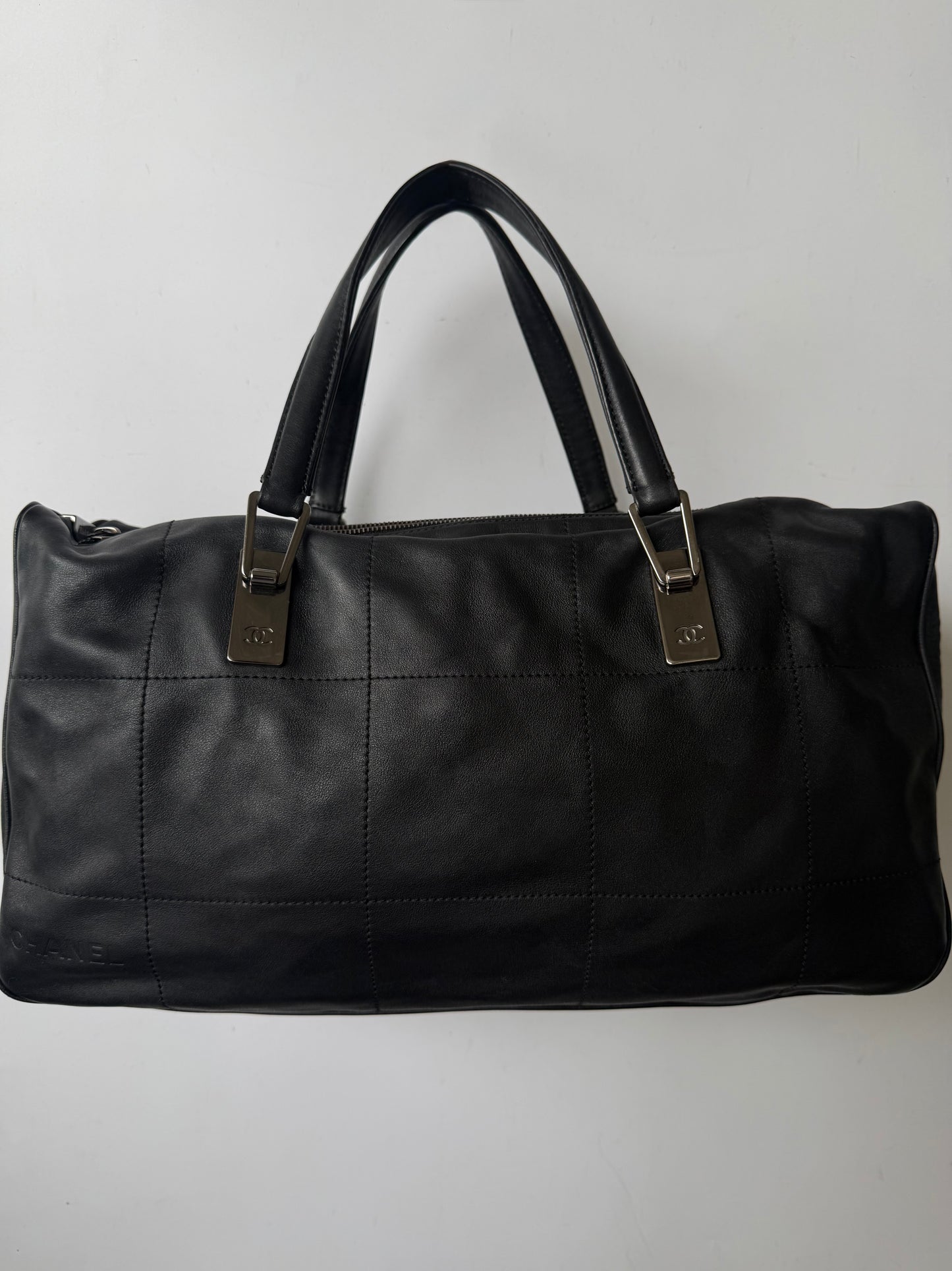 Vintage Chanel Black Lambskin Chocolate Bar Boston Bag