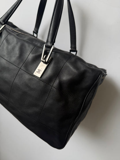 Vintage Chanel Black Lambskin Chocolate Bar Boston Bag