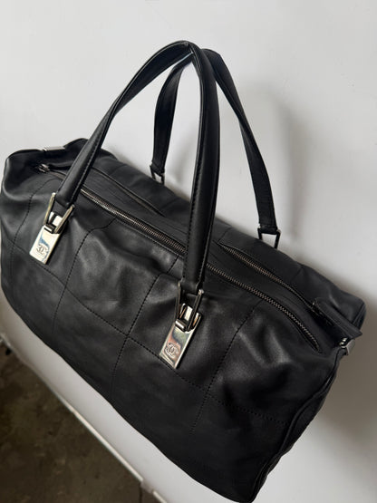Vintage Chanel Black Lambskin Chocolate Bar Boston Bag