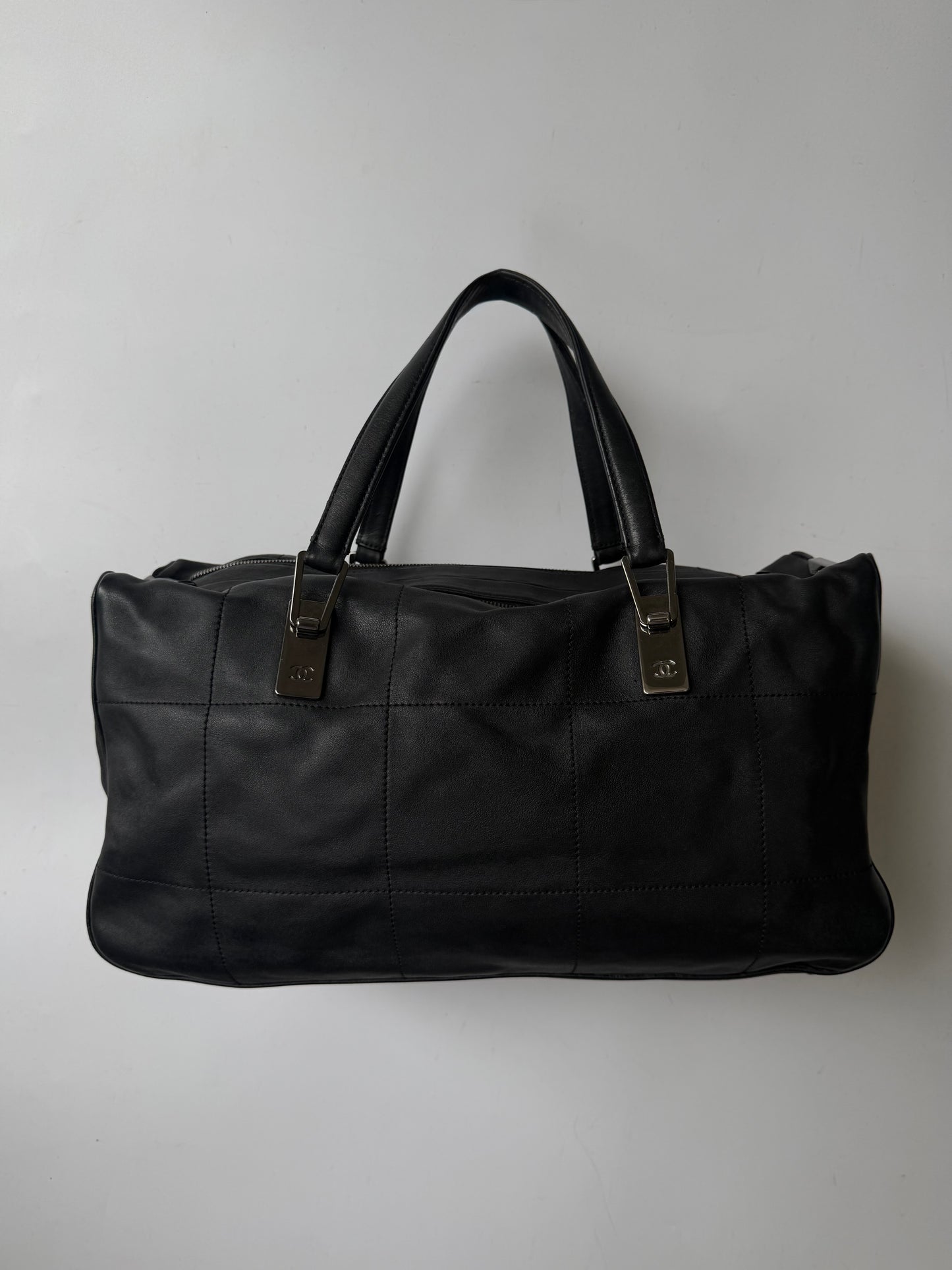 Vintage Chanel Black Lambskin Chocolate Bar Boston Bag