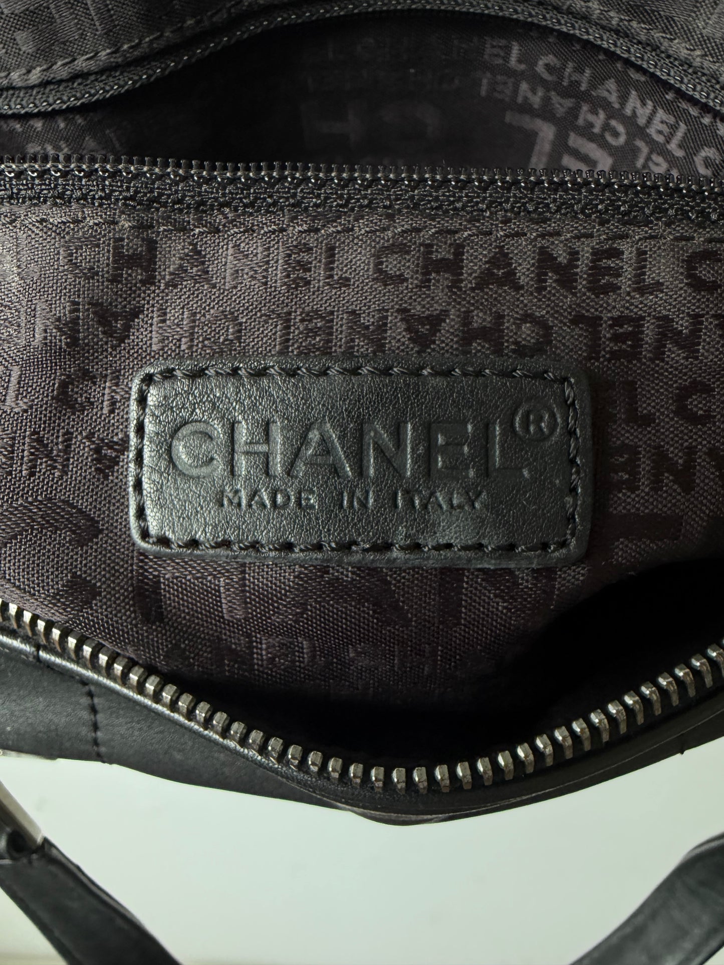 Vintage Chanel Black Lambskin Chocolate Bar Boston Bag
