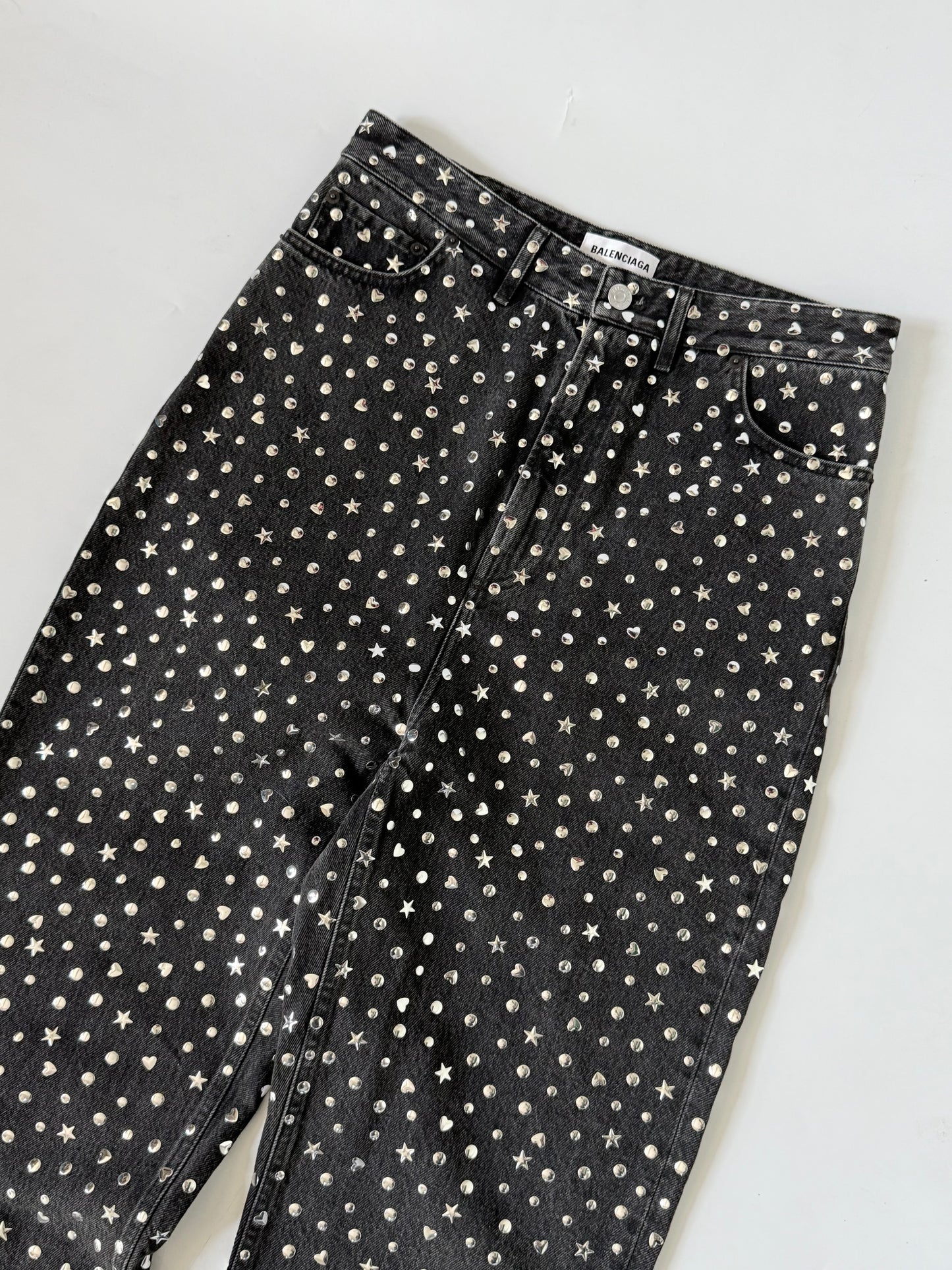 Balenciaga Black Denim Pants Silver Studded Embellishments