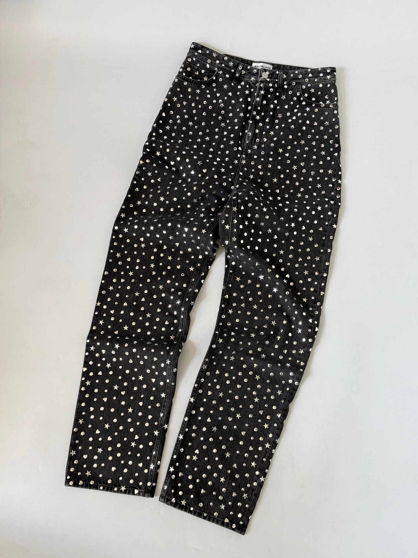 Balenciaga Black Denim Pants Silver Studded Embellishments