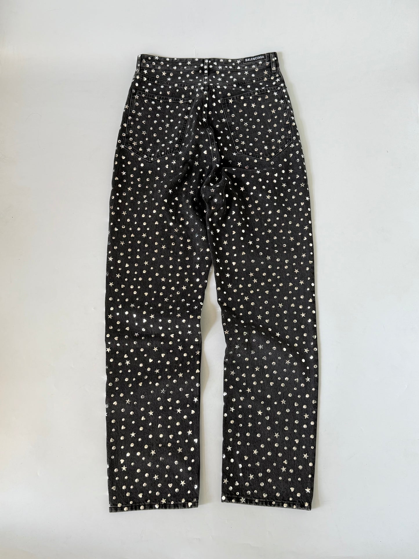 Balenciaga Black Denim Pants Silver Studded Embellishments