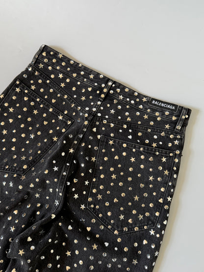 Balenciaga Black Denim Pants Silver Studded Embellishments
