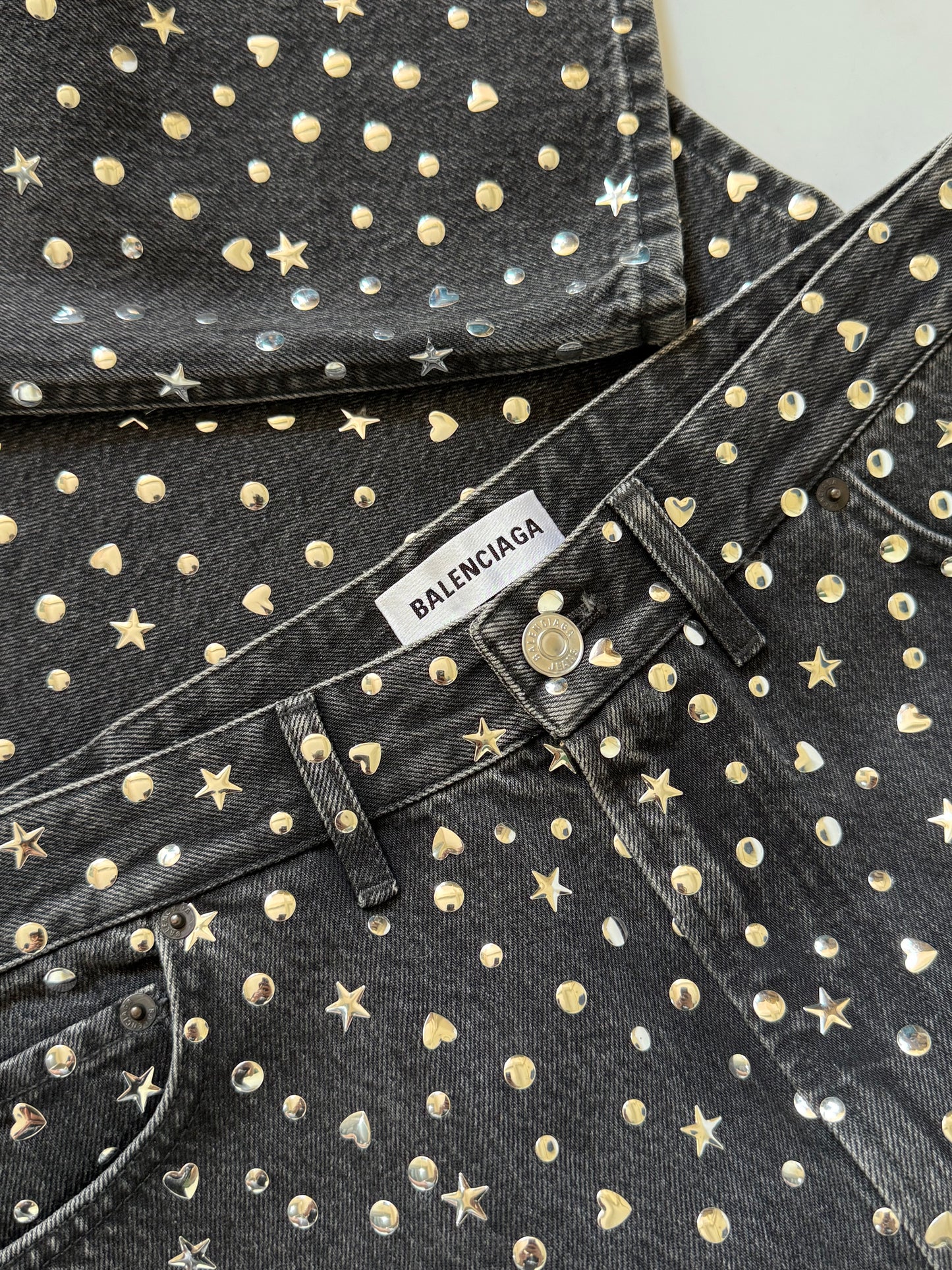 Balenciaga Black Denim Pants Silver Studded Embellishments